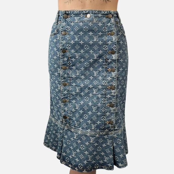 Louis Vuitton Dresses & Skirts - LOUIS VUITTON Vintage LV Monogram Denim Skirt #36 Blue Cotton Lace Up [102853]